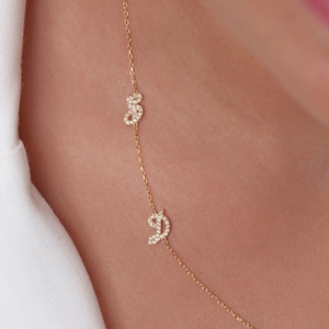 14k Solid Gold Brief Halskette, Diamant Anfangsbuchstabe Halskette, Pave Seitlich Halskette