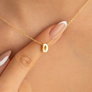 14k Solid Gold Initial Necklace, Tiny Initial Necklace, Gold Letter Necklace, Mothers Day Gifts, 3D Bubble Letter Necklace, Gift for Mom