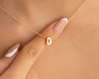 14k Solid Gold Initial Necklace, Tiny Initial Necklace, Gold Letter Necklace, Mothers Day Gifts, 3D Bubble Letter Necklace, Gift for Mom