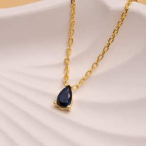 14K Gold Sapphire Teardrop Necklace, Sapphire Gold Necklace, Sapphire Pendant, September Birthstone Necklace, Simple Gem Necklace, Gift