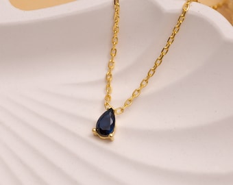 14K Gold Sapphire Teardrop Necklace, Sapphire Gold Necklace, Sapphire Pendant, September Birthstone Necklace, Simple Gem Necklace, Gift