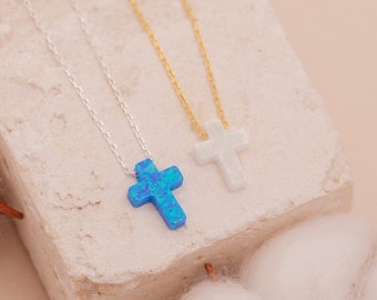Opal Cross Necklace, Dainty Cross Necklace, White Opal Cross Necklace, Blue Opal Cross Necklace, 14k Gold Cross Opal Necklace, Delicate