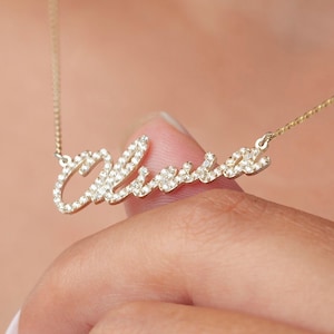 Diamond Name Necklace, Personalized Name Necklace,  14k Solid Gold Name Necklace, Handwritten Nameplate Necklace, 14K Gold Crystal Necklace