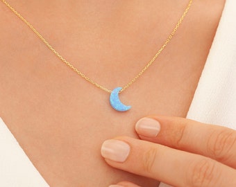 Opal Moon Necklace, Dainty Moon Necklace, White Opal Moon Necklace, Blue Opal Moon Necklace, 14k Gold Moon Opal Necklace, Delicate Necklace