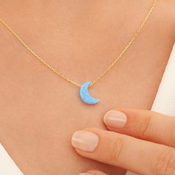 Opal Moon Necklace, Dainty Moon Necklace, White Opal Moon Necklace, Blue Opal Moon Necklace, 14k Gold Moon Opal Necklace, Delicate Necklace