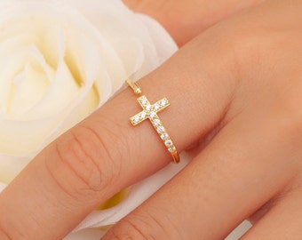 Cross Ring, Sideways Cross Ring, Dainty Ring, Stackable Ring, Gift for Her, Cross Jewelry, Cross Ring with CZ Stones, Religious Ring, Moms