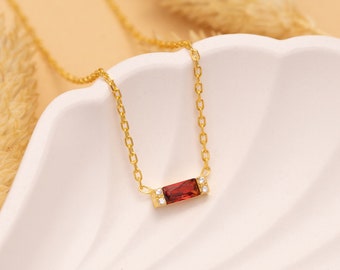 14K Gold Garnet Necklace, 14k Gold Diamond Necklace, Garnet Pendant, January Birthstone Necklace, Simple Gem Necklace, Baguette Necklace