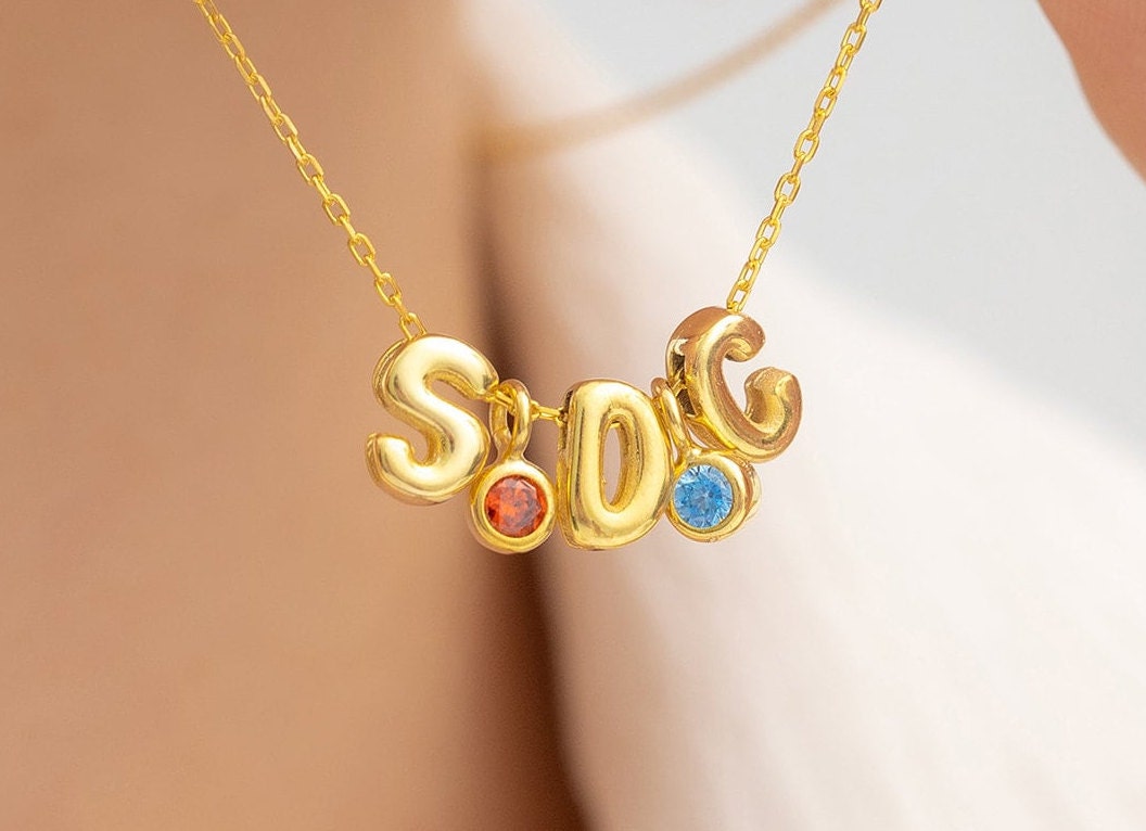 Personalized Initial Necklace with Birthstone - Bubble Letter Jewelry | Gift for Her