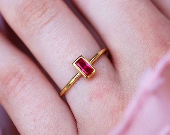 14k Solid Gold Ruby Baguette Ring: Dainty Stacking Ring