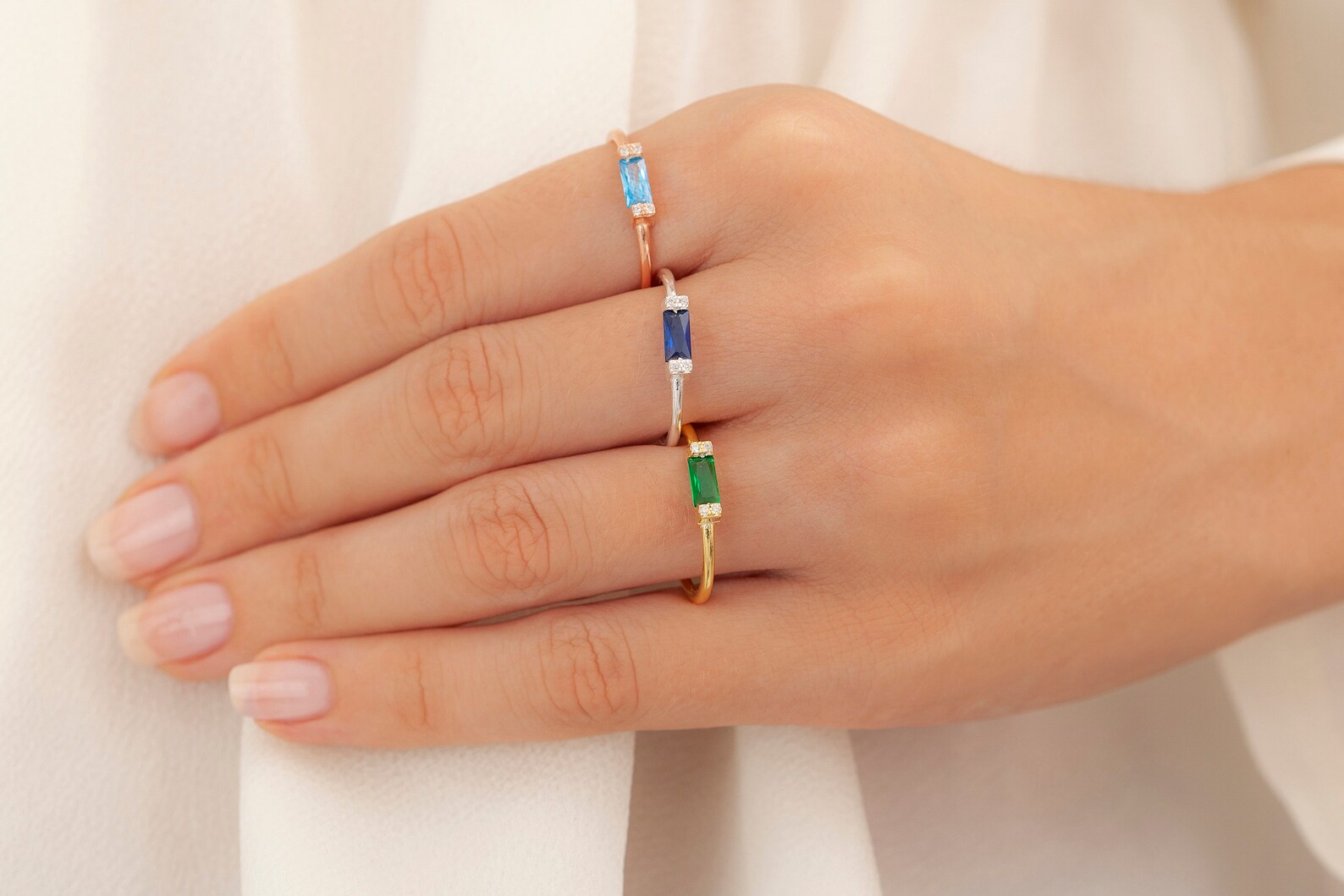 14k Solid Gold Birthstone Ring, Minimalist Ring, Baguette Ring ...
