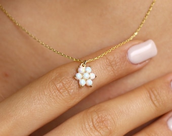 Dainty Opal Necklace, White Opal Necklace, Opal Flower Necklace, October Birthstone, Opal Necklace, Dainty Opal Pendant, October Necklace