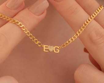 Custom Letter Necklace with Curb Chain , Initial Necklace , Dainty Personalized Name Necklace , Initial Necklace with Heart