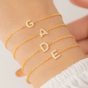 Pulsera inicial de diamantes de oro macizo de 14K, pulsera de diamantes inicial, pulsera de letras iniciales de oro, pulsera de diamantes naturales, regalo del Día de las Madres