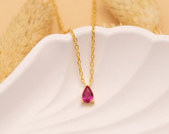14K Gold Ruby Teardrop Necklace, Natural Ruby Gold Necklace, Ruby Pendant, July Birthstone Necklace, Simple Gem Necklace, Solid Gold