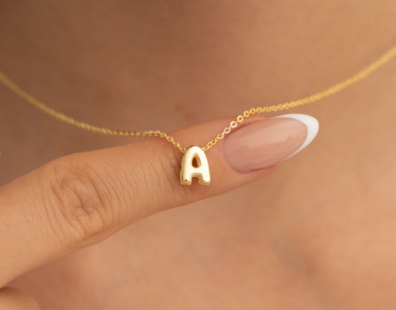 14k Solid Gold Initial Necklace, Letter Necklace, Gold Letter Necklace, Mom Gift, Birthday Gift, Mothers Day Gift, 3D Bubble Letter Necklace image 1