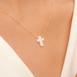 Opal Cross Necklace, Dainty Cross Necklace, White Opal Cross Necklace, Blue Opal Cross Necklace, 14k Gold Cross Opal Necklace, Delicate
