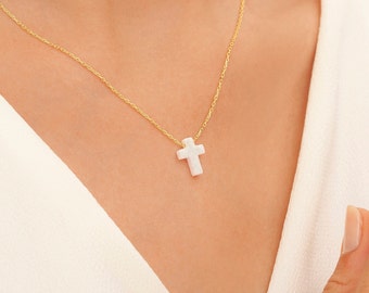 Opal Cross Necklace, Dainty Cross Necklace, White Opal Cross Necklace, Blue Opal Cross Necklace, 14k Gold Cross Opal Necklace, Delicate