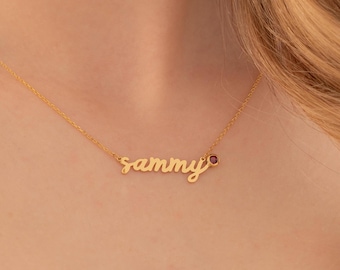 Script Name Necklace , Name Plate Necklace , 14k Solid Gold Name Necklace , Mama Necklace , Custom Name Necklace with Birthstone , Mom Gift