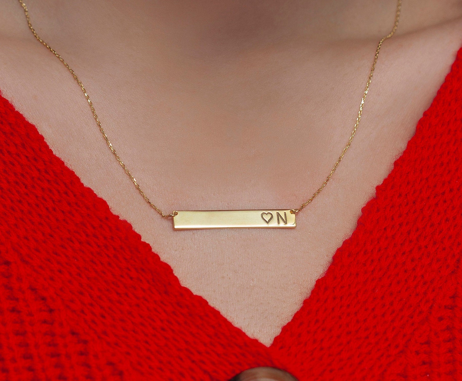 14k Solid Gold Bar Necklace Bar Necklace Name Bar Necklace Etsy