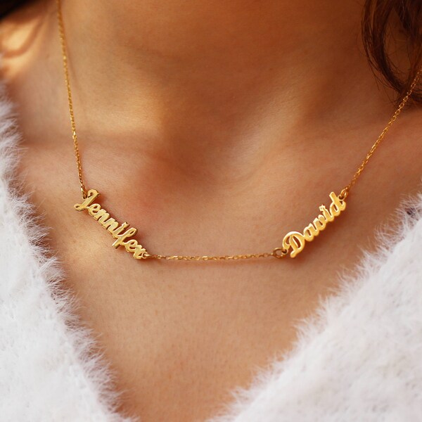 CUSTOM ORDER 3 Names 2 Initials .14k solid gold Two Name Necklace