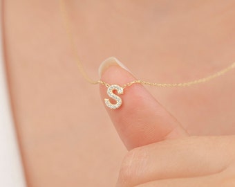 Letter Necklace with CZ Diamonds, Gift for Her, Pave Letter Necklace, 14k Gold Letter Necklace, Personalized Gift, Tiny Initial Necklace