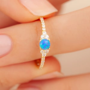 14k Solid Gold Opal Ring, Blue Opal Gold Ring, Gold Opal Ring, Delicate Opal Ring, Opal Stacking Ring, Bridesmaid Gift, Opal Ring, Gift