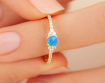 14k Solid Gold Blue Opal Ring: Delicate Stacking Band