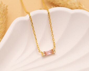 14K Gold Rose Quartz Necklace, 14k Gold Diamond Necklace, Rose Quartz Pendant, , Simple Gem Necklace, Baguette Necklace, Dainty Gold