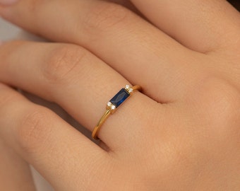 Sapphire Dainty Baguette Stacking Ring, Simple Sapphire Ring, Thin Ring, Gold Minimalist Ring, Birthstone Ring, Sapphire Baguette Ring