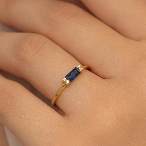 Sapphire Dainty Baguette Stacking Ring, Simple Sapphire Ring, Thin Ring, Gold Minimalist Ring, Birthstone Ring, Sapphire Baguette Ring