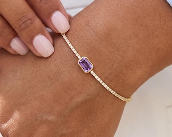 Baguette Birthstone Tennis Bracelet ,  Amethyst Birthstone Bracelet ,  Tennis Bracelet with Birthstone , Silver Amethyst Bracelet