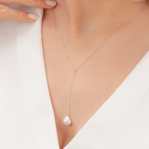 Dainty Solid Gold Pearl Y Necklace: Sterling Silver Pendant