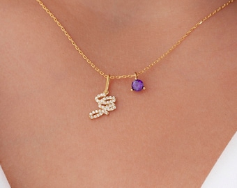 Birthstone Letter Necklace, Birthstone Initial Necklace, Customized Jewelry, Gold Letter Charm Necklace, Birthstone Necklace, Gift for Her