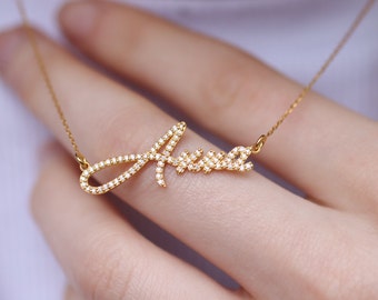 14k Solid Gold Name Necklace, Gold Diamond Name Necklace, Personalized Gift, Gift for Her, Name Necklace, Diamond Letter, Mothers Day Gift