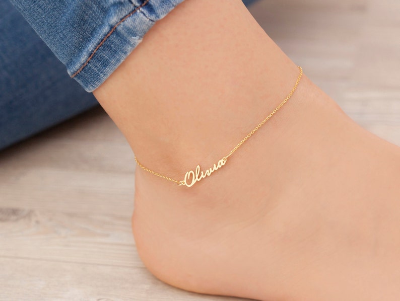 14k Solid Gold Name Anklet, Personalized Name Anklet, Custom Anklet, Anklet Bracelet with Name, Gold Anklet Name, Initial Anklet, Gift for image 1