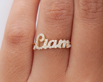 Diamond Name Ring 14k Solid Gold Name Ring Pave Name Ring Gift