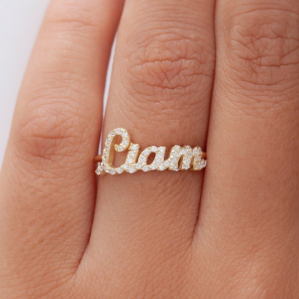 Diamond Name Ring, 14k Solid Gold Name Ring, Pave Name Ring, Gift for Her, Personalized Gift, Crystal Stone Name Ring, Custom Gift