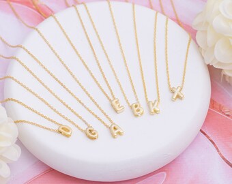 14k Solid Gold Initial Necklace, Christmas Gift for Her, Tiny Initial Necklace, Gold Letter Necklace, 3D Bubble Letter Necklace, Gift