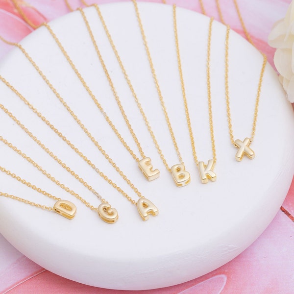 14k Solid Gold Initial Necklace, Christmas Gift for Her, Tiny Initial Necklace, Gold Letter Necklace, 3D Bubble Letter Necklace, Gift