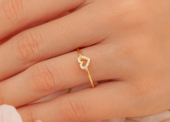 14K Solid Gold Heart Ring Minimalist Ring Simple Ring Dainty Ring Pave Open Heart Gold Ring Gold Heart Ring Diamond Heart Ring Etsy