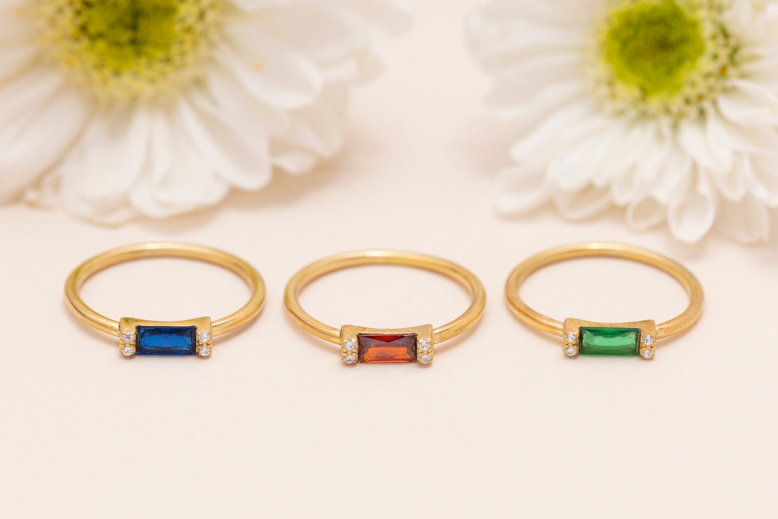 14k Solid Gold Birthstone Ring, Minimalist Ring, Baguette Ring ...