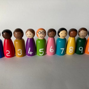 Peut inclure: Dix poupées en bois, chacune peinte d'une couleur différente et avec un numéro de 1 à 10 peint sur le devant. Les poupées sont alignées dans l'ordre de gauche à droite.