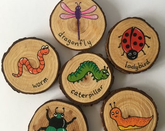 Hand painted nature wooden slices - mini beasts and garden critters