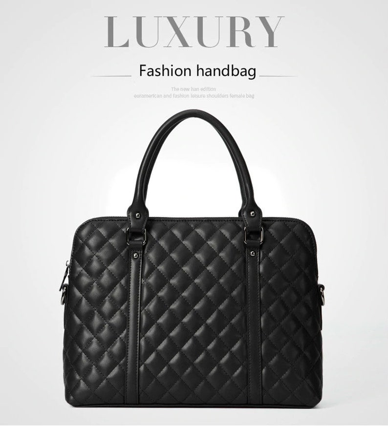 her gift Black Genuine Leather Women Handbag Business Briefcase Bag Women/'s 14 Inch Laptop Bags Female Cow Leather Diamond Lattice Bag