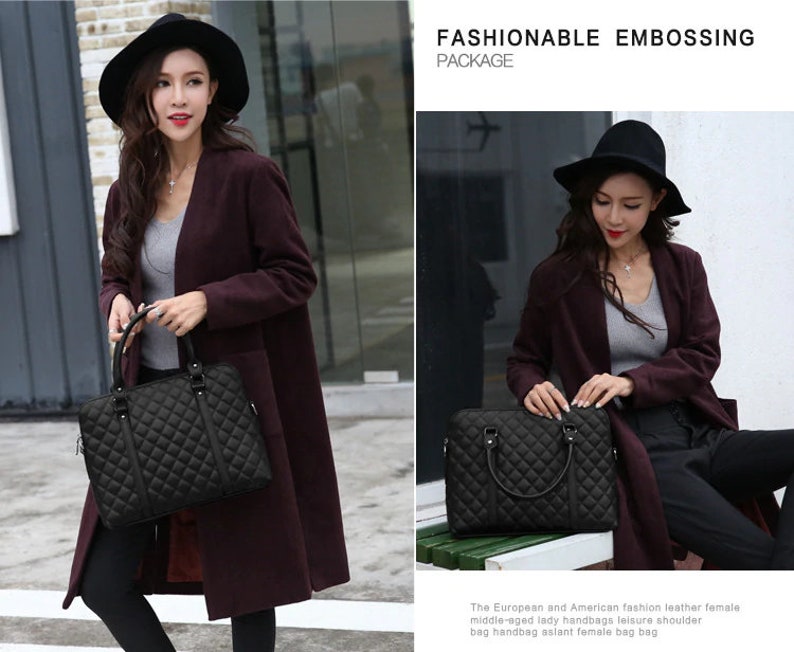 her gift Black Genuine Leather Women Handbag Business Briefcase Bag Women/'s 14 Inch Laptop Bags Female Cow Leather Diamond Lattice Bag
