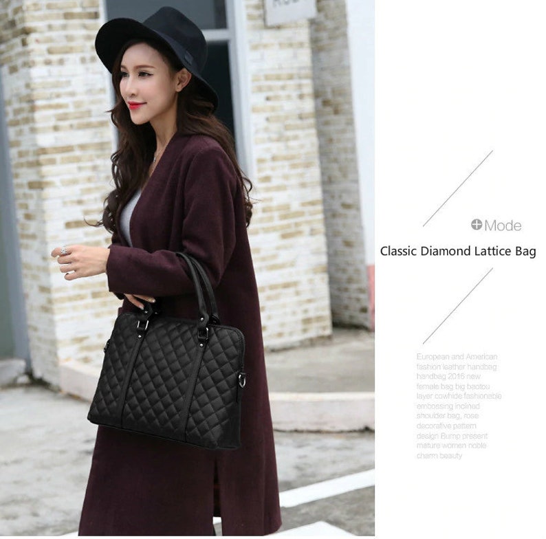 her gift Black Genuine Leather Women Handbag Business Briefcase Bag Women/'s 14 Inch Laptop Bags Female Cow Leather Diamond Lattice Bag