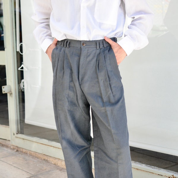 Vintage Pleated 60s Office Trousers / Unisex Men High Rise Suit Trousers