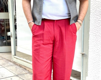 Vintage Pleated 80s Red Office Trousers / Unisex Men High Rise Suit Trousers