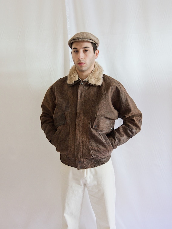 90s Stocked Leather Bomber Jacket Men Brown Leathe
