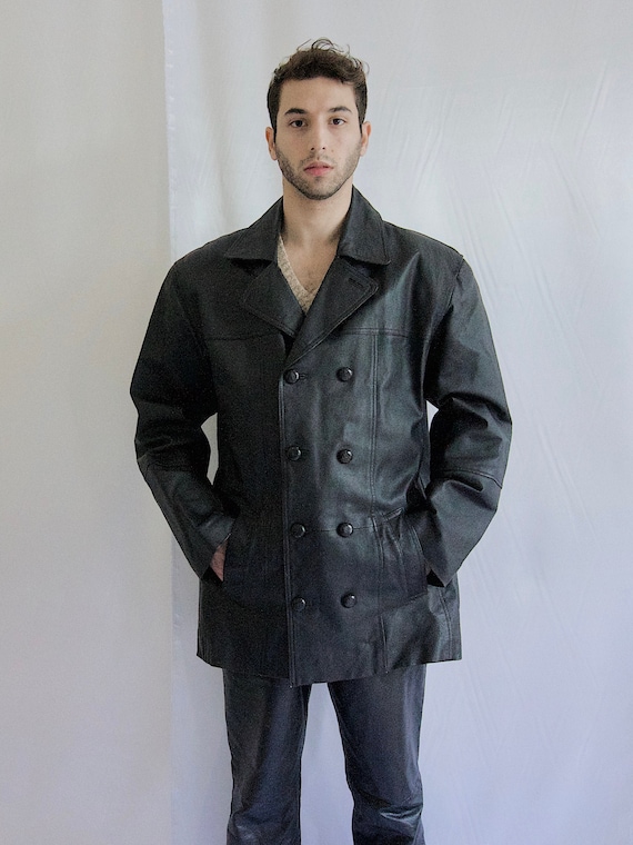 90's Double Breasted Leather Jacket Men Leather Mi